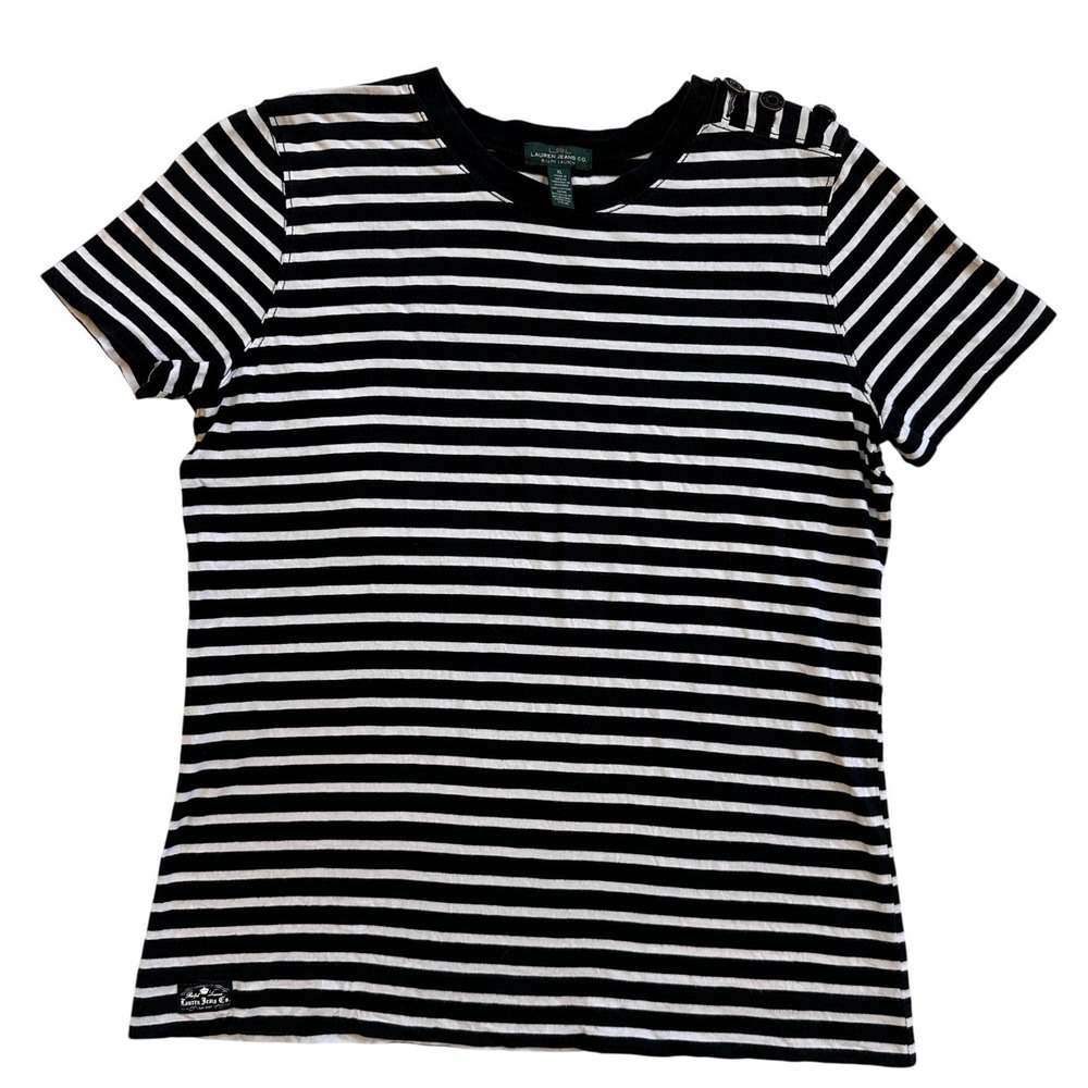 Ralph Lauren Lauren Jeans Co T-Shirt Women XL Black White Striped Button Top